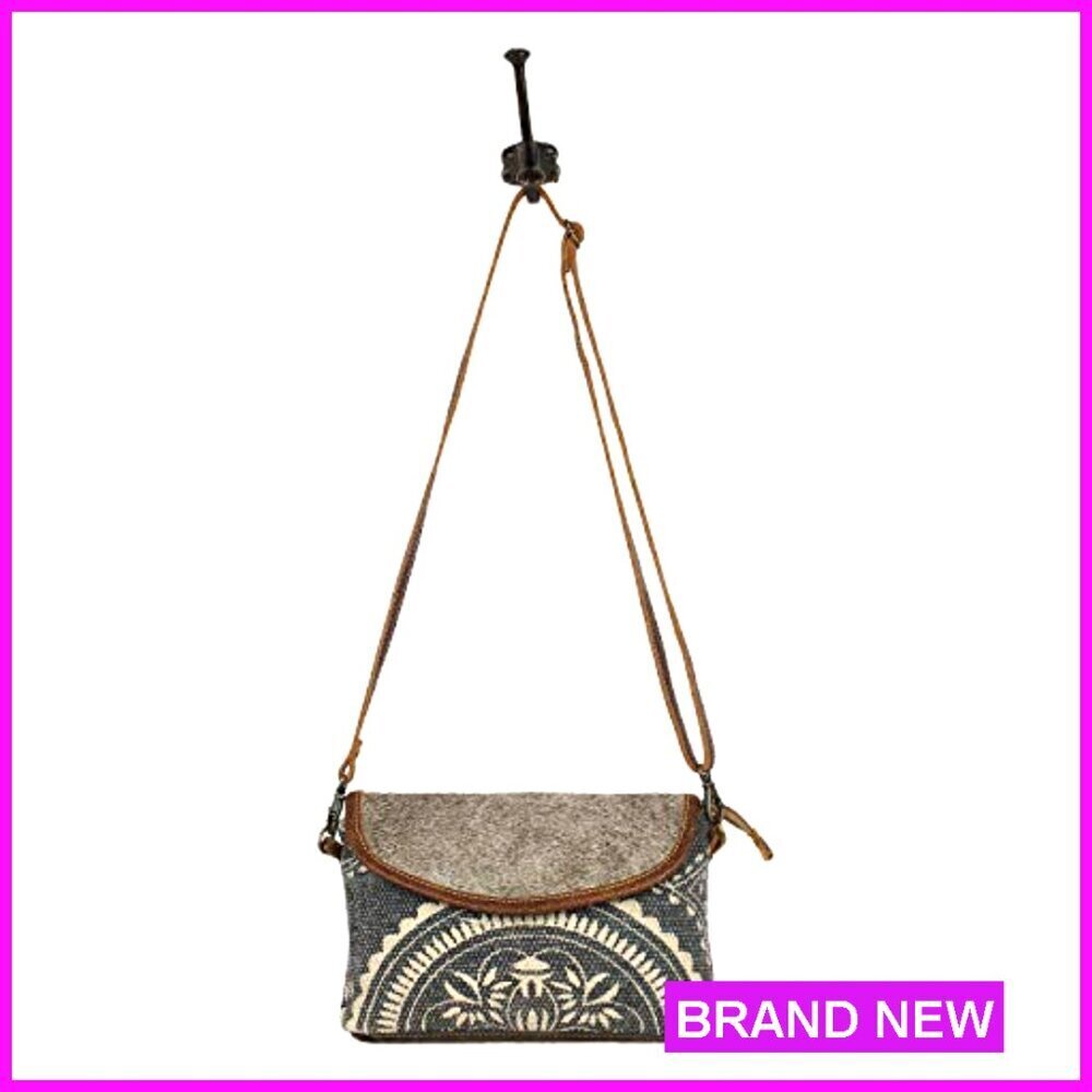 Canvas Crossbody Bag with Leather Strap Floral Mosaic Boho Chic Handcrafted - Picture 4 of 6